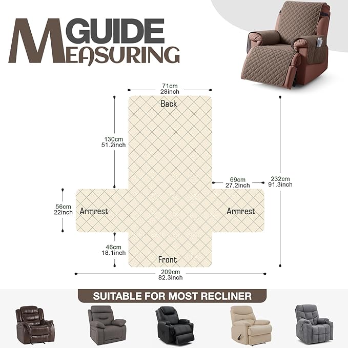 KinCam 100% Waterproof Recliner Chair Cover, Reclining Couch Covers for Pets, Dogs, Recliner Couch Slipcover Furniture Protector with Elastic Straps for Kids(28", Brown)