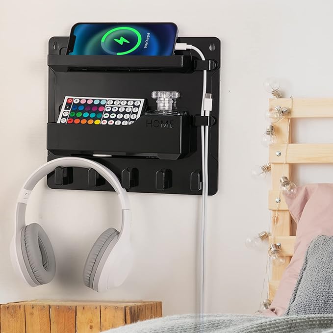 Bedside Wall Mount Shelf, Adhesive Bedside Organizer for Remote、Phone、Glasses. Bedside Accessories Storage suitable for College Dorm 、bunk bed 、 Bedroom、Rv（Black）