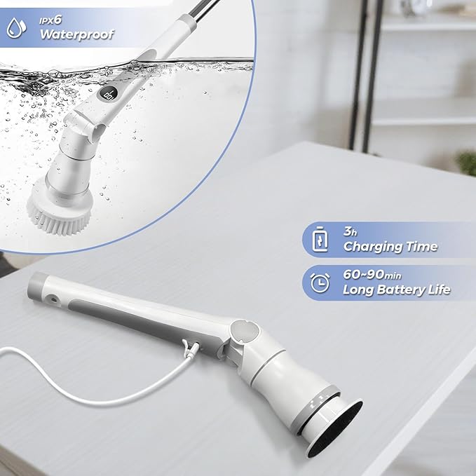 Joyzan Electric Spin Scrubber, Cordless Cleaning Shower Brush 8 Cleaner Heads LCD Display 3 Speeds Adjustable Extension Handle IPX7 Waterproof Bathroom Bathtub Glass Car Tub Tile Floor Wall Cleaning