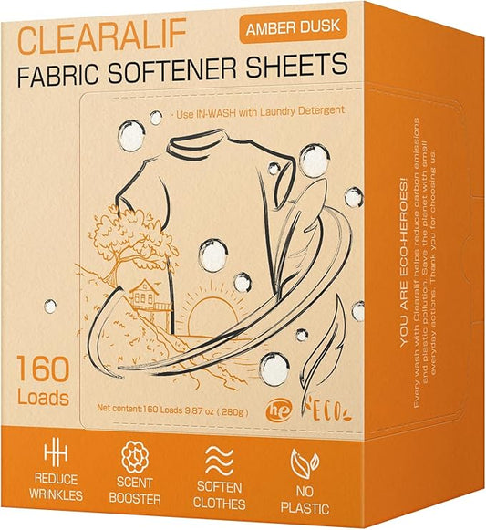CLEARALIF laundry Fabric Softener Sheets, AMBER DUSK Scent, 160 Loads, Eco Friendly, Great For Travel, Apartments, Dorms.