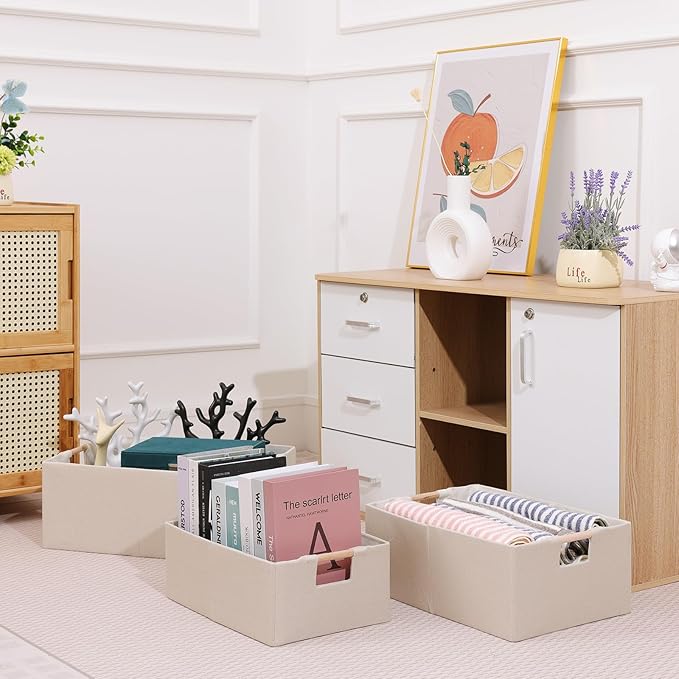 ANMINY 6PCS Storage Baskets for Organizing Collapsible Fabric Storage Bins Boxes with Wood Handles Closet Shelves Cube Organizer Bins Clothes Laundry Storage Container - Small, Beige