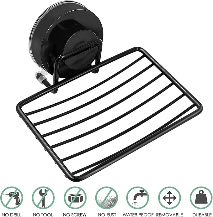 Black Shower Soap Holder, 2 Packs, Suction Cup Bar Soap Dish, Stainless Steel Soap Dish Tray, Draining Soap Holder for Shower Bathroom Tub Kitchen Sink