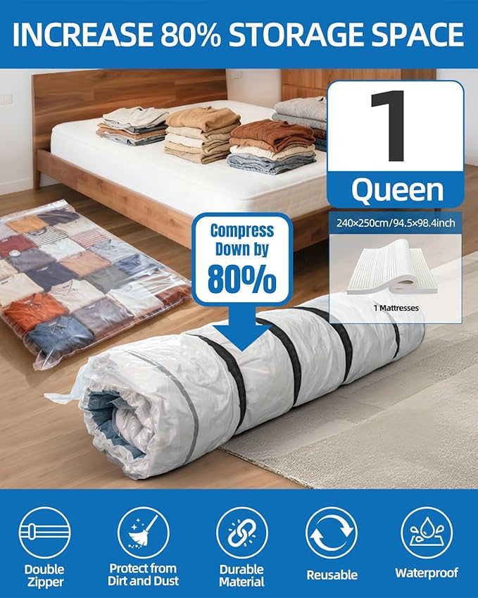 Vacuum Storage Bags for moving, Vacuum Seal Bags for Memory Foam, Latex, Clothing & Bedding, Space Saver Bags for Organization and Storage(1 Queen/Full/Full-XL)