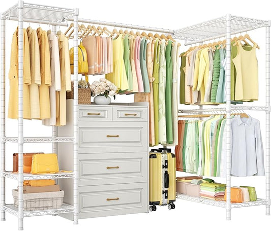 E10L L-Shaped Clothes Rack for Corner（With Expandable Hanger Rod）Heavy Duty Freestanding Clothing Racks for Hanging Clothes，Portable Garment Rack 58-82"W x 30"D x 72"H，Max Load 900LBS, White