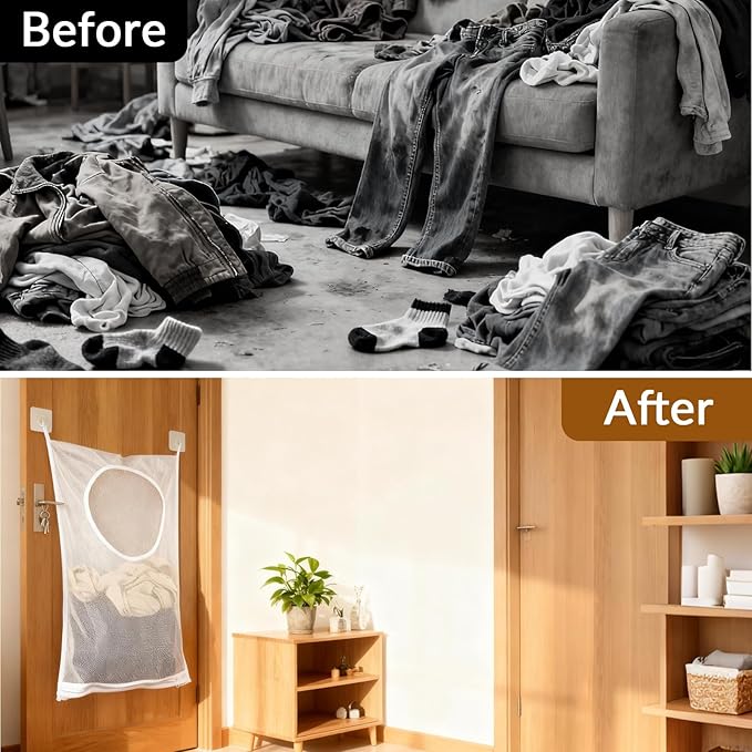 Hanging Laundry Hamper Bag,30x20 Inch Foldable Wall Hanging Laundry Bag,Portable Space Saving Dirty Clothes Bags with 2 Adhesive Hooks for Dirty Clothes Organization Storage (2)