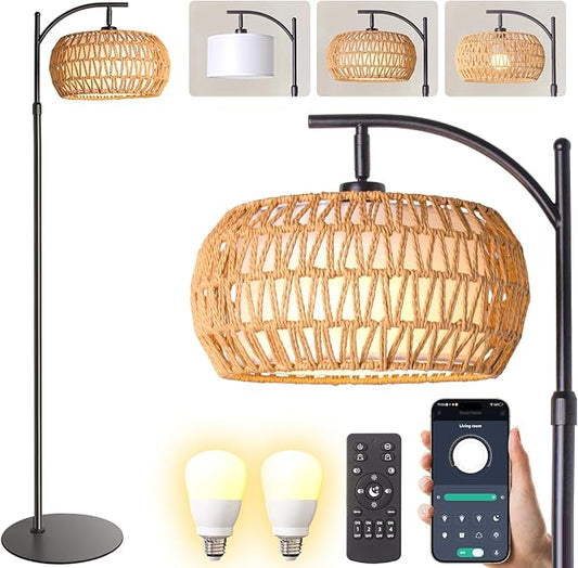 Boho Rattan Floor Lamp with Shade – 12W Bright Dimmable LED Bulb, Remote Control 3 Color Temperatures, Modern Farmhouse Handwoven Arc Standing Light for Living Room Bedroom