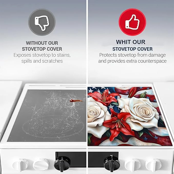 Stove Top Cover for Electric 28x20 Inch American Flag Rose Lily Kitchen Mat Heat Resistant Stovetop Cover Pad Countertop Protector for Electric Glass Cooktop Patriotic Kitchen Decor