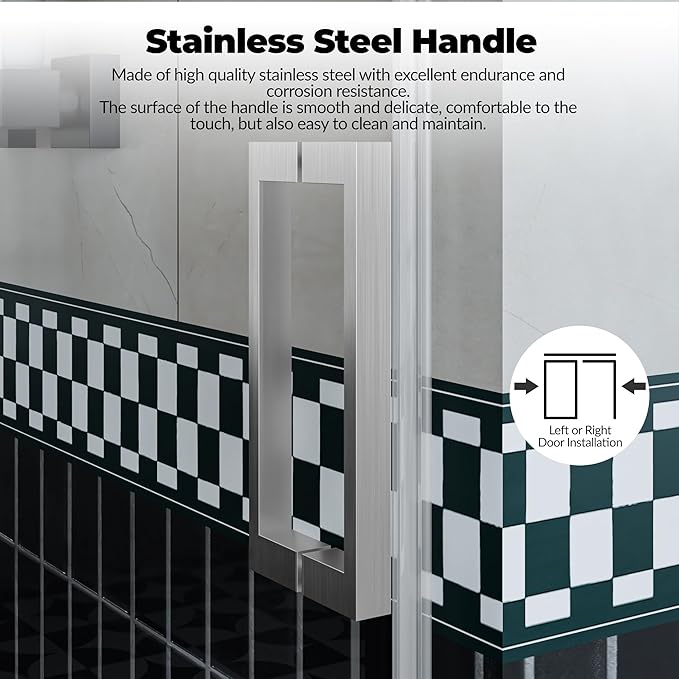 Glass Shower Door 56–60 Inch W x 76 Inch H, Frameless Sliding Shower Enclosure with Fixed Panel, 8mm Coated Tempered Safety Glass, Square Stainless Steel Rail, Brushed Nickel