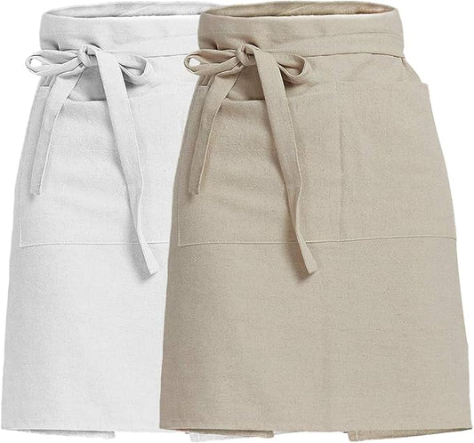 Cityelf Linen Server Apron Cotton Bistro Half Apron with Large Pockets Waist Kitchen Apron for Cooking Waitress