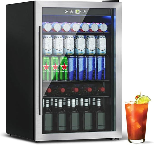 4.5 Cu.ft Beverage Refrigerator Cooler, 145 Can Mini Fridge with Glass Reversible Door, Digital Temperature Display for Soda, Beer or Wine For Office or Bar with Adjustable Removable Shelves