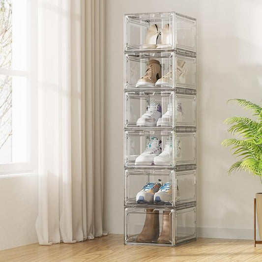 Shoe Box,Set of 6,Stackable Plastic Clear Shoe Box Organizer with Magnetic Door,Shoe Storage Box Thicken Sturdy,Easy Assembly,Fit up to US Size(Front opening door, Clear)