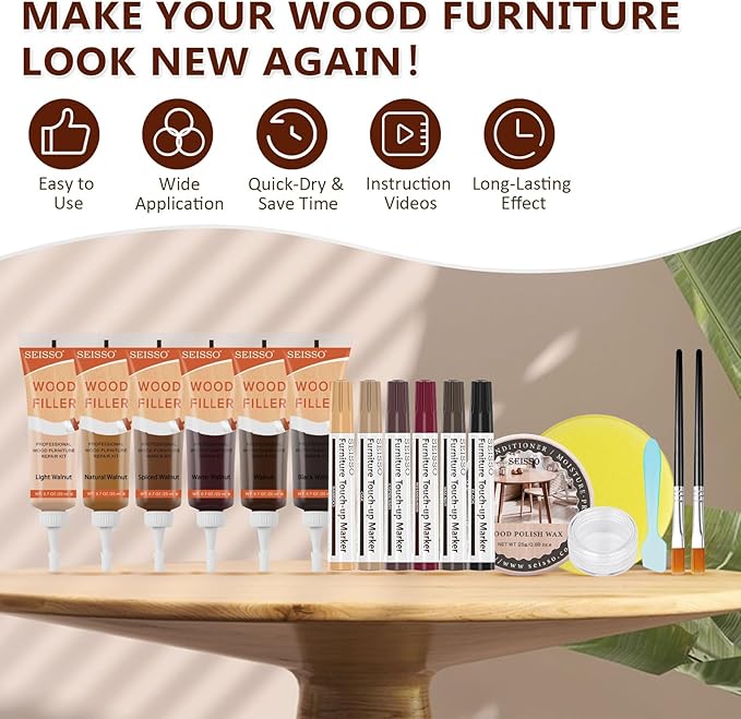 Wood Furniture Repair Kit, 6 Colors Wood Filler, Hardwood Laminate Vinyl Floor Repair Kit with Wood Markers, Wood Polish Wax for Hole, Scratch, Crack, Stain (Walnut Wood 20Pcs)