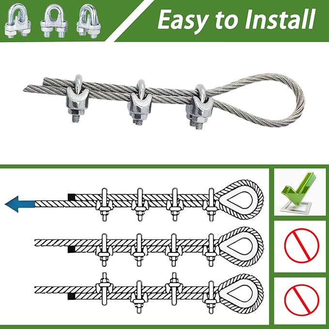 30PCS 1/4" Galvanized Zinc-Plated Wire Rope Cable Clamp Clips, M6 Wire Cable Clampswith U-Bolt Saddle Fasteners for Secure Rigging & Marine Use