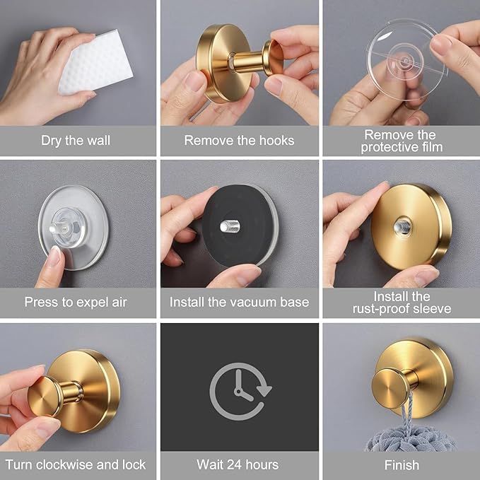 Suction Cup Hooks Applicable Shower No-Drill Bathroom Hooks for Towels, Ornament，Robes, Loofah Mountable on Bathroom Walls, Kitchen, Glass, Mirrors, Tile and Smooth,Non-Porous Surfaces (Golden 2pcs)