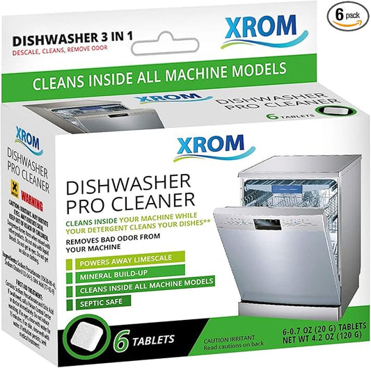 XROM Dishwasher Cleaner Tablets, Plant Based, Deep Clean and Descaler, Removes Odors & Hard Water Stains, 6 Treatments.