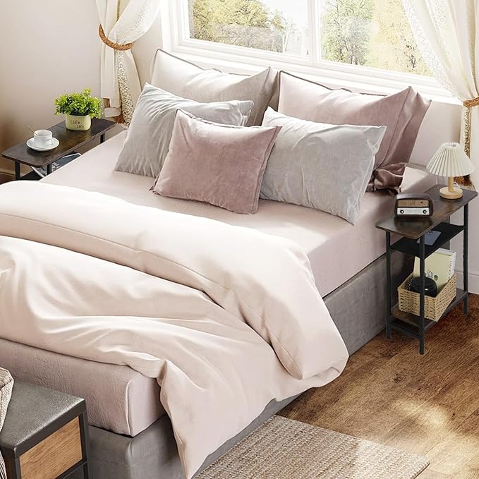 3-Tier Side Table Set of 2 for Living Room, Narrow End Table for Small Spaces with Wide Storage Top, Rustic Brown Skinny Nightstand for Bedroom, Sofa, Couch