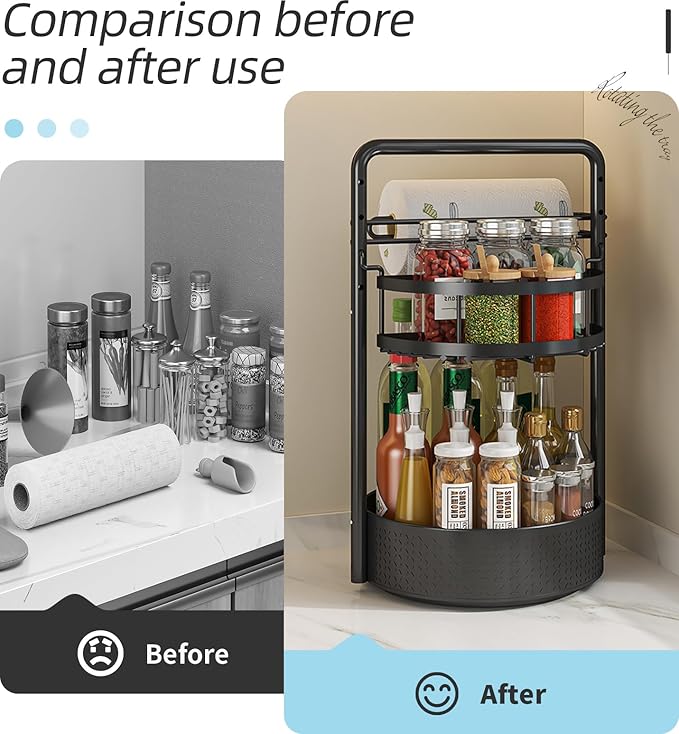 2 Tier Rotating Spice Rack Organizer with Paper Towel Holder, Lazy Susan Turntable Kitchen Organizer for Countertop & Cabinet, Metal Spice Rack for Bottles, Jars, Condiments, Black