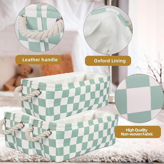 3Pcs Sage Green Checkered Canvas Basket, Small Rectangular Organizing Decorative Storage Basket for Kids, Dog Toy, Cute Aesthetic Checkered Room Decor for Home, Bedroom, Shelves (Green)
