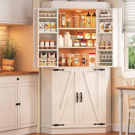 Corner Kitchen Pantry Storage Cabinet with Doors, Kitchen Hutch, 71'' Tall Food Storage Cabinet Furniture for Living Room, Dining Room (White)