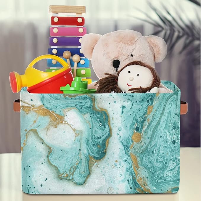 2Pack Turquoise Marble Texture Large Collapsible Storage Bins,Teal Marble Decorative Canvas Fabric Storage Boxes Organizer with Handles,Rectangular Shelves Baskets Box for Home Office Nursery Closet