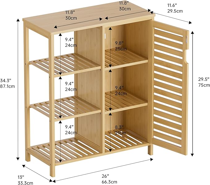 HITNET Bathroom Floor Cabinet, Bamboo Storage Cabinet with Door and 3 Open Shelves, Freestanding Side Kitchen Cupboard Organizer, Natural
