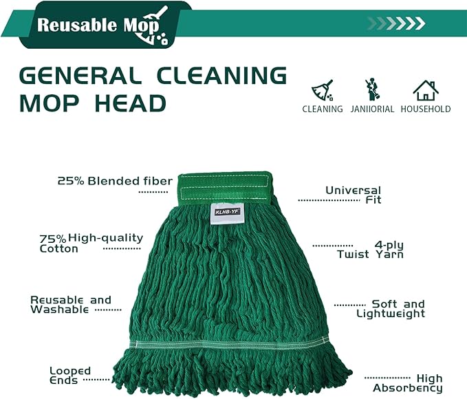 Heavy Duty Commercial Mop | 55.7" Stainless Steel Handle & 2 x 20.5 oz Looped-End Cotton Heads | Wet Mop for Home Garage Office Warehouse Floor Cleaning
