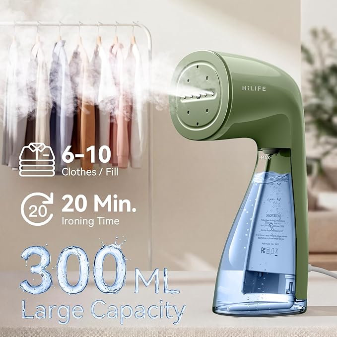 HiLIFE Steamer for Clothes, 1100W Clothes Steamer, Fast Wrinkle Removal with Large 300ml Tank, Ideal for All Fabrics, Easy to Use, Compact and Portable Travel Garment Steamer