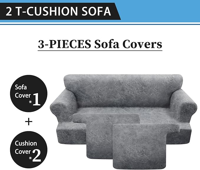3-Pieces T Cushion Sofa Slipcovers Leather Look Couch Cover for 2 Cushion Couch Furniture Protector Stretch Sofa Cover with 2 Individual T Cushion Seat Covers Washable, Light Grey