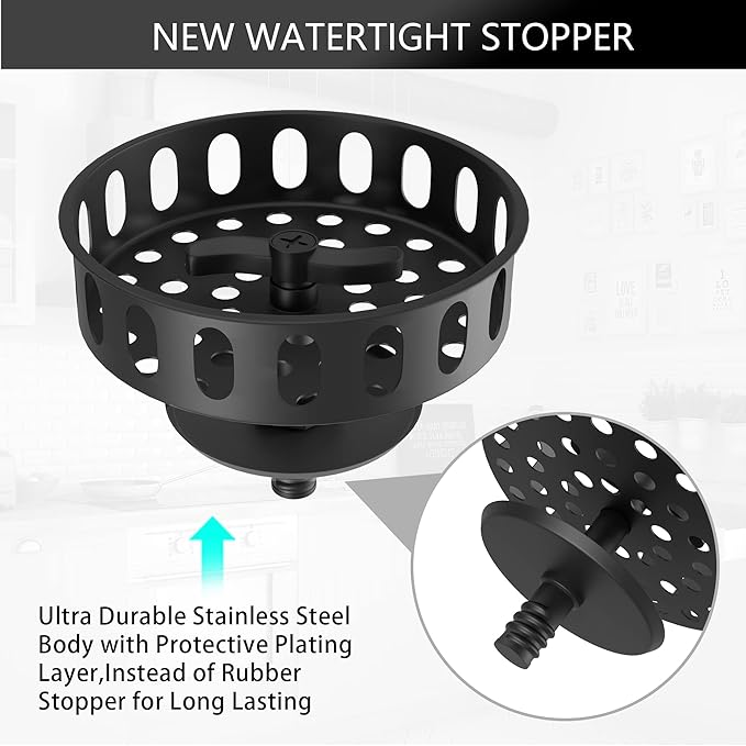 Black Sink Drain 3-1/2 Inch Kitchen Sink Drain Strainer Assembly Kit with Stainless Steel Strainer Basket and Drain Stopper for Standard Kitchen Sink Matte Black