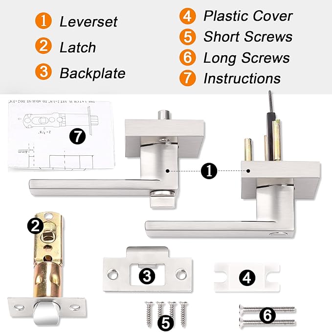Probrico Heavy Duty Square Satin Nickel Privacy Door Levers, Interior Keyless Locks Bath/Bed Door Locksets, Reversible for Left/Right Handed Doors, 2 Pack