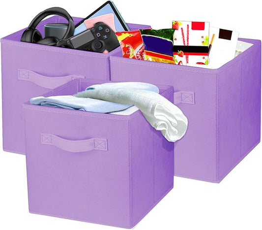 3 Pcs Storage Cubes, 10.5 Inch Collapsible Storage Bins, Fabric Foldable Bins for Organization, Durable Storage Bins for Closet, Shelves, Offices (Light Purple)