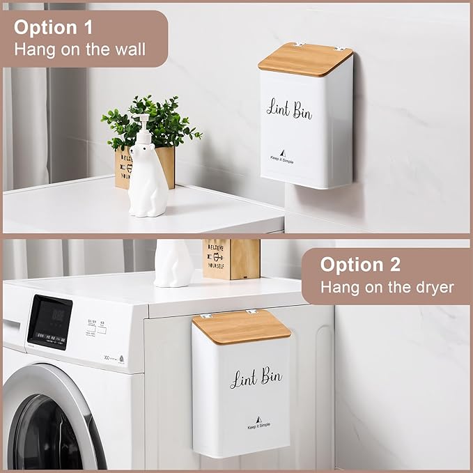 SUBEKYU Magnetic Lint Bin for Laundry Room, Wall Mounted Metal Lint Box Holder with Lid for Dryer,Laundry Room Organization and Storage,Bamboo Lid Lint Basket,White