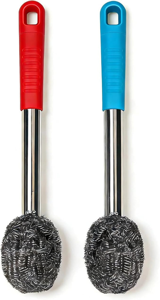 2PCS Steel Wool Scrubber with Handle Rustproof, Cast Iron Scrubber, Stubborn Messes Pot Brush, Remove Dirt for Cleaning Stoves,Sinks Dishes Grills Bowls & Metal Wire Sponge for Kitchens,Bathroom