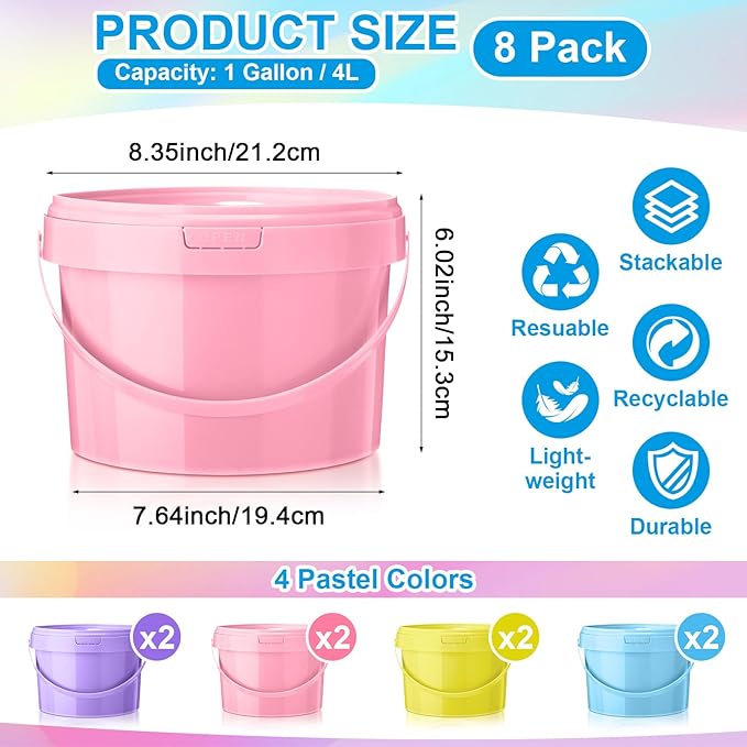 8 Pack 1 Gallon Plastic Bucket with Lids and Handles Food Grade Ice Cream Buckets with Lid Reusable Colorful Multipurpose Food Storage Containers Freeze Safe Ice Cream Tubs for Kitchen