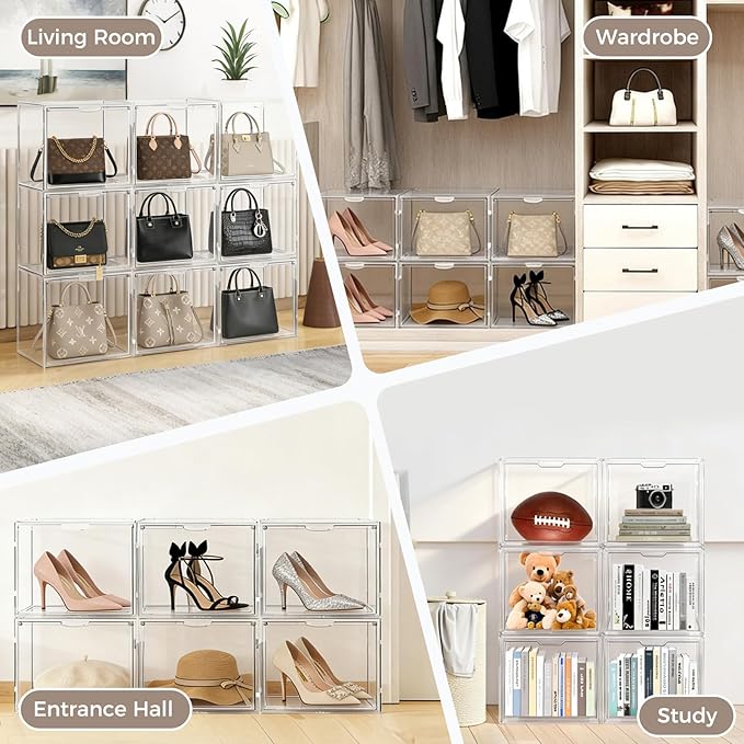 15 Pack Clear Acrylic Purse Organizer for Closet, Stackable Handbag Storage Boxes with Magnetic Doors, Dustproof Display Cases for Bags, Shoes & Collectibles