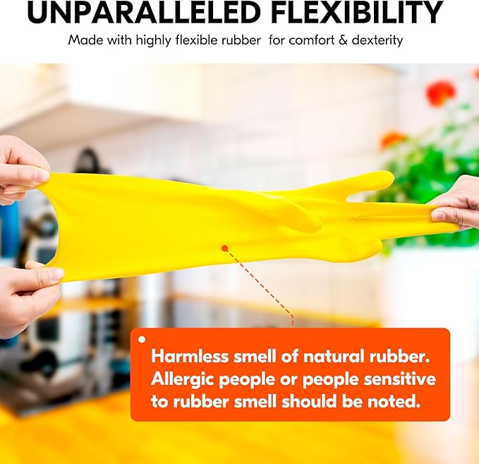 Vgo... 3-Pairs Reusable Household Gloves, Rubber Dishwashing gloves, Extra Thickness, Long Sleeves, Kitchen Cleaning, Working, Painting, Gardening, Pet Care (Size L, Yellow, HH4601)