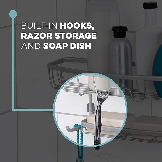 Zenna Home NeverRust Shower Caddy Hanging Bathroom Organizer, Aluminum Shower Rack with 2 Extra Wide Shelves and Built in Hooks, Over Shower Head Storage System, Satin Chrome