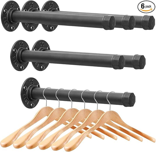 Cast Iron Wall Mounted Clothes Rack, Heavy Duty Industrial Pipe Clothing Rack for Hanging Clothes, Garment Racks for Wardrobe Organizers and Storage, DIY Closet Rods Closet Bar (Black 6 Pack, 12 in)