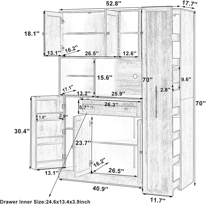 Large Kitchen Pantry Cabinet 52.8Wx17.7Dx70H inch, Freestanding Buffet with Hutch,Storage Cabinets Cupboard w/Pull-Out Side-Cabinet+ Door Shelves and Drawer, Brown