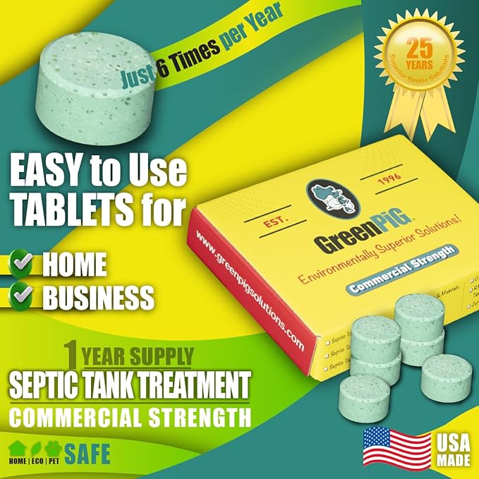 Green Pig Septic Tank Treatment Pucks – Enzyme & Bacteria-Based Treatment for Preventative Septic Maintenance, Helps Reduce Odors & Buildup, 1-Year Supply (6 Pucks)