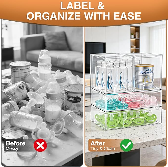 TOOGE Stackable Baby Bottle Organizer: Acrylic Bottle Organizer Baby Storage Drawers Clear Bottle Station Organization for Countertop Cabinet Vanity with 4 in 1 Cup Lid Cleaning Brush & Label - Wide