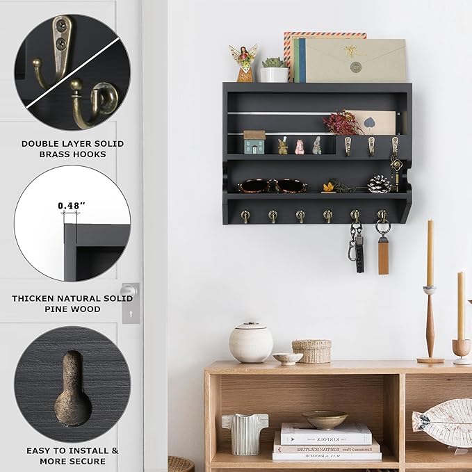 Handcrafted Solid Wood Key Holder for Wall - Artisan Hand-Sprayed Finish & Smooth Edges - Decorative Entryway Organizer, Rustic Wall Mount Key Holder for Home Decor, Sturdy, Black