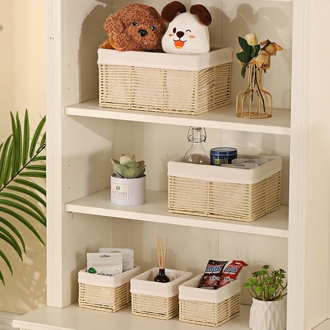 Vagusicc Wicker Storage Basket, Hand-Woven Paper Rope Basket, Rectangular Small Basket for Organizing, Cube Storage Bin for Closet/Clothes/Dresser, Beige, 5-Pack