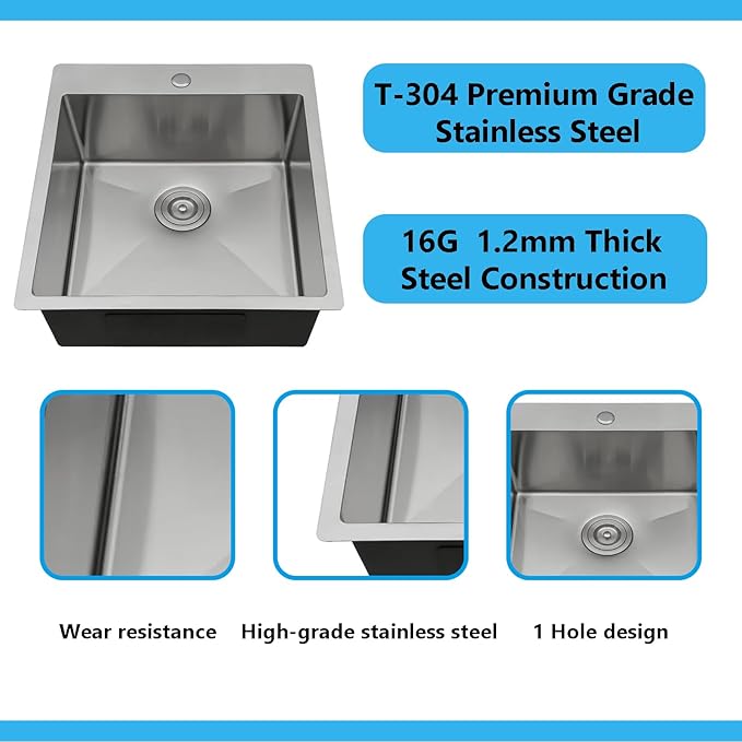 18x18 Inch Drop In Bar Sink, 18 Inch Small Kitchen Sink, Topmount Stainless Steel Small Kitchen Bar Sink for Laundry Wet Bar Prep RV Office Outdoor Yard with Dish Grid and Basket Strainer
