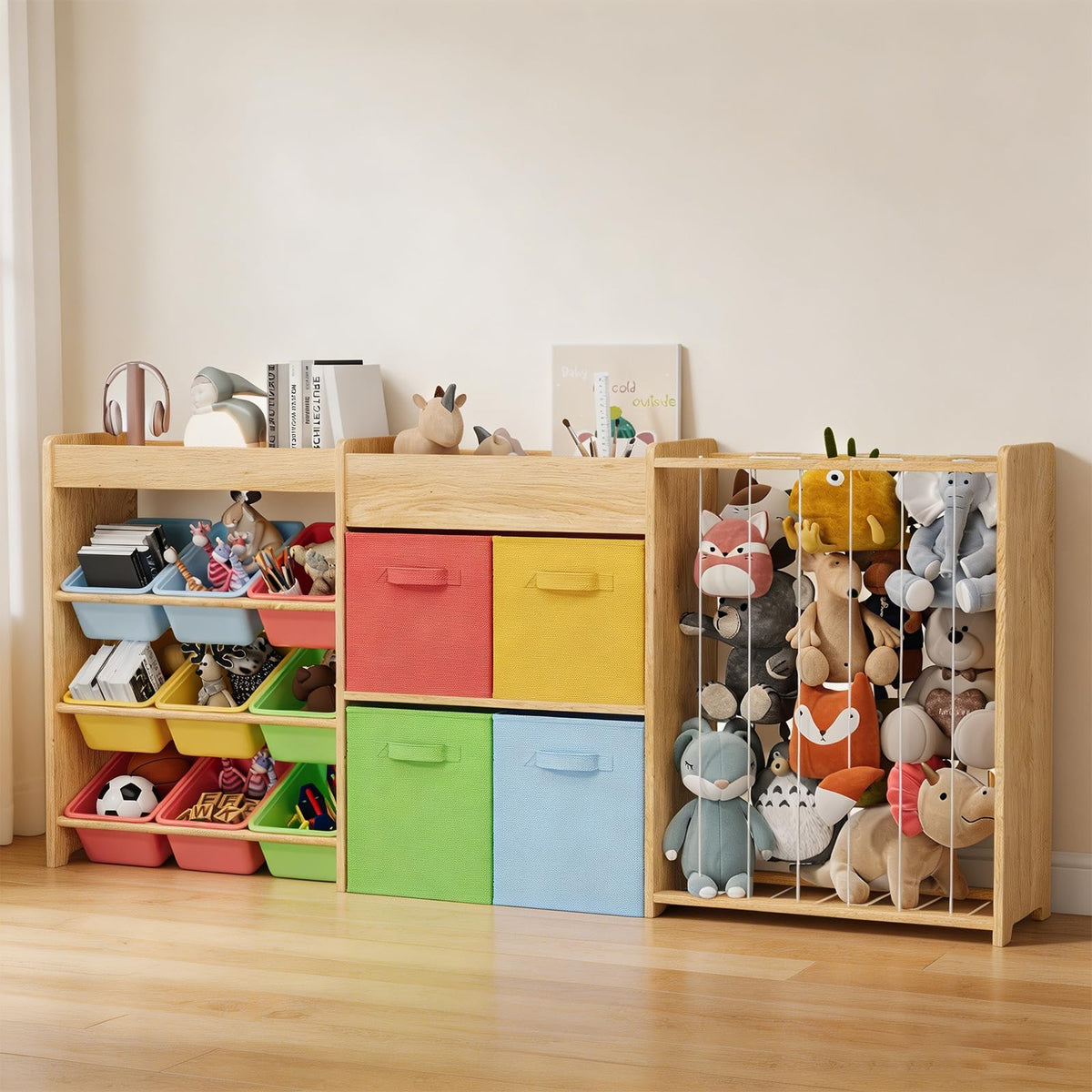 Large Wooden Plush Toy Storage Organizer with Bookshelf - Image 1