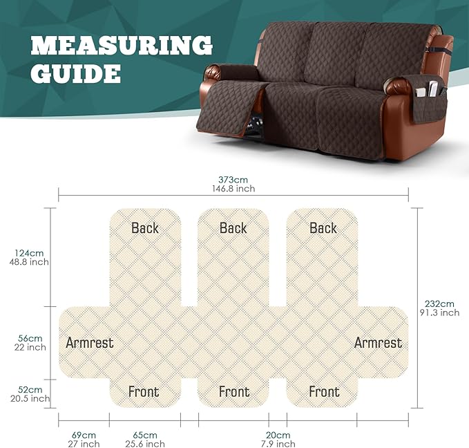 Ruaozz Waterproof Recliner Sofa Covers, Couch Covers for Reclining Couches 1-Piece Reclining Couch Cover Washable Furniture Protector with Elastic Straps Pocket for Kids Pets (Chocolate, 3 Seater)