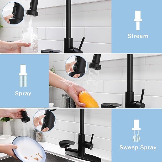 Kitchen Faucet with Glass Rinser, Pull Down Sink Faucet with 3 Spray Modes and High Pressure Glass Rinser, Single Hole 2 in 1 High Arc Stainless Steel Kitchen Faucets (Matte Black)