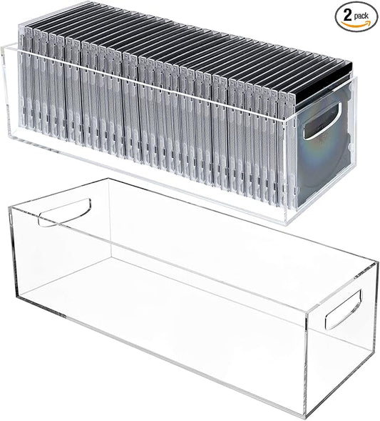 2 Pack DVD/CD Storage Box Acrylic Clear DVD Holder Case with Handles Stackable Storage Container Shelf Organizer Bin for CDs Video Games Cases Blu-Rays Books Booklets Countertop Cabinet Home Office