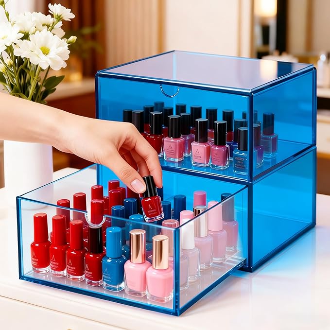 Acrylic Desk Organizer with Drawers Stackable Makeup Organizer for Vanity Office Countertop Cosmetic Display Cases Makeup Storage Box, Sky Blue