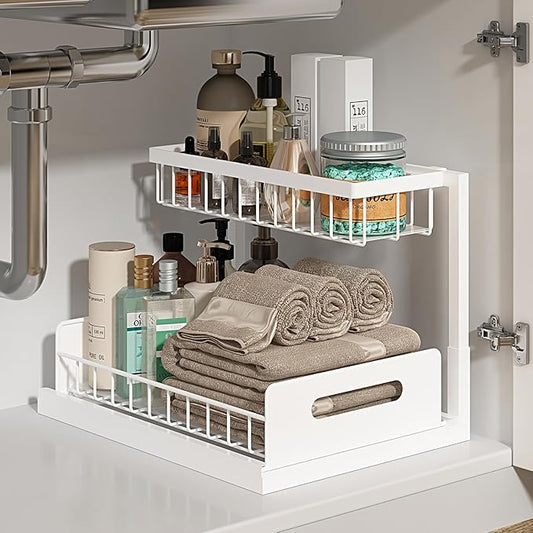 L-shaped under sink shelf maximizing vertical space around plumbing and garbage disposal
